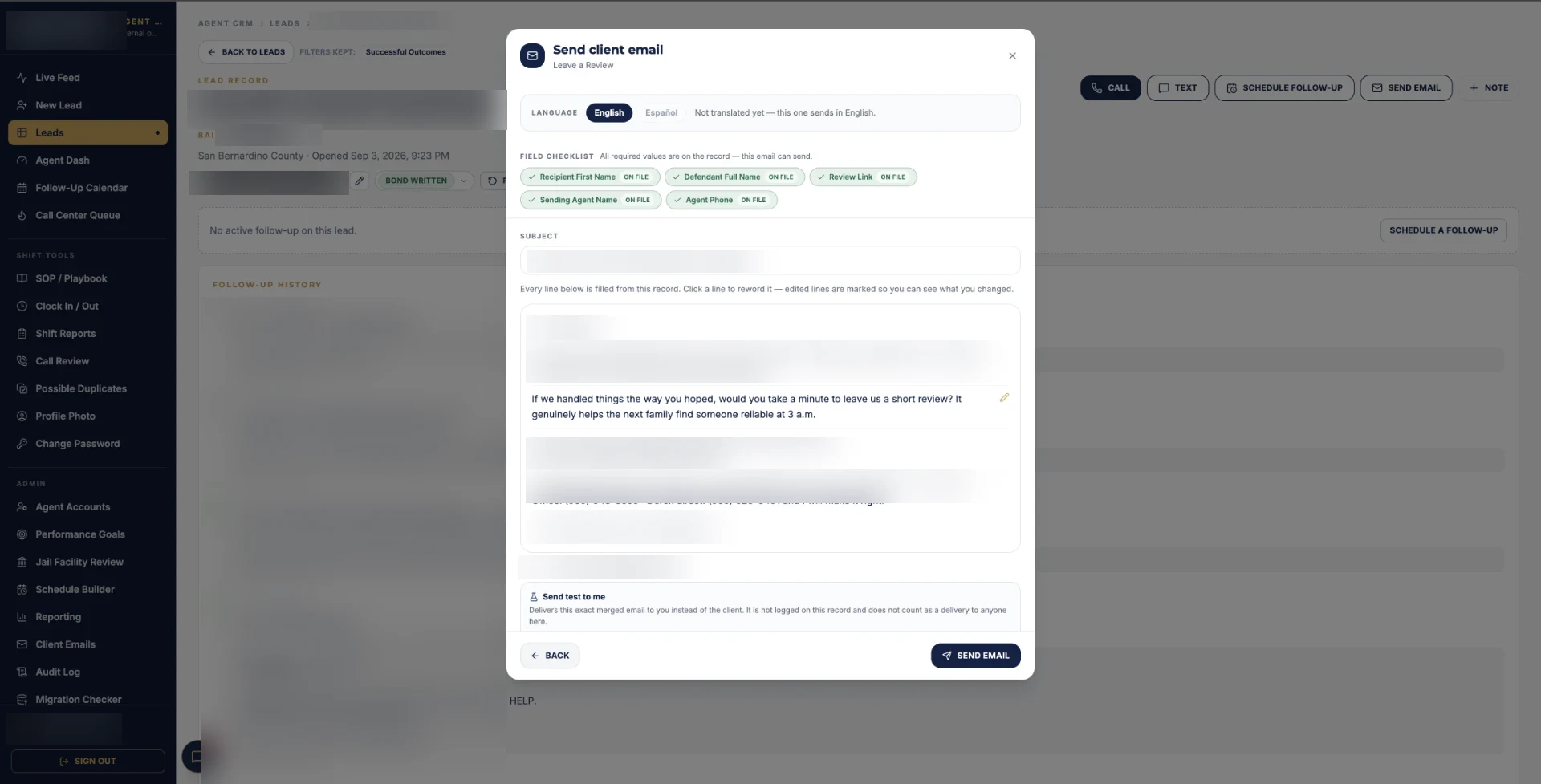 CRM Google review request email with client details redacted
