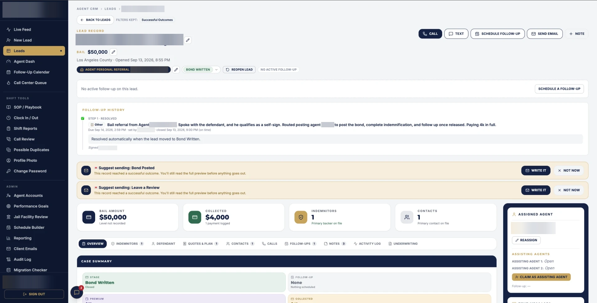 CRM AI email suggestions with personal names, logos, and account details blurred