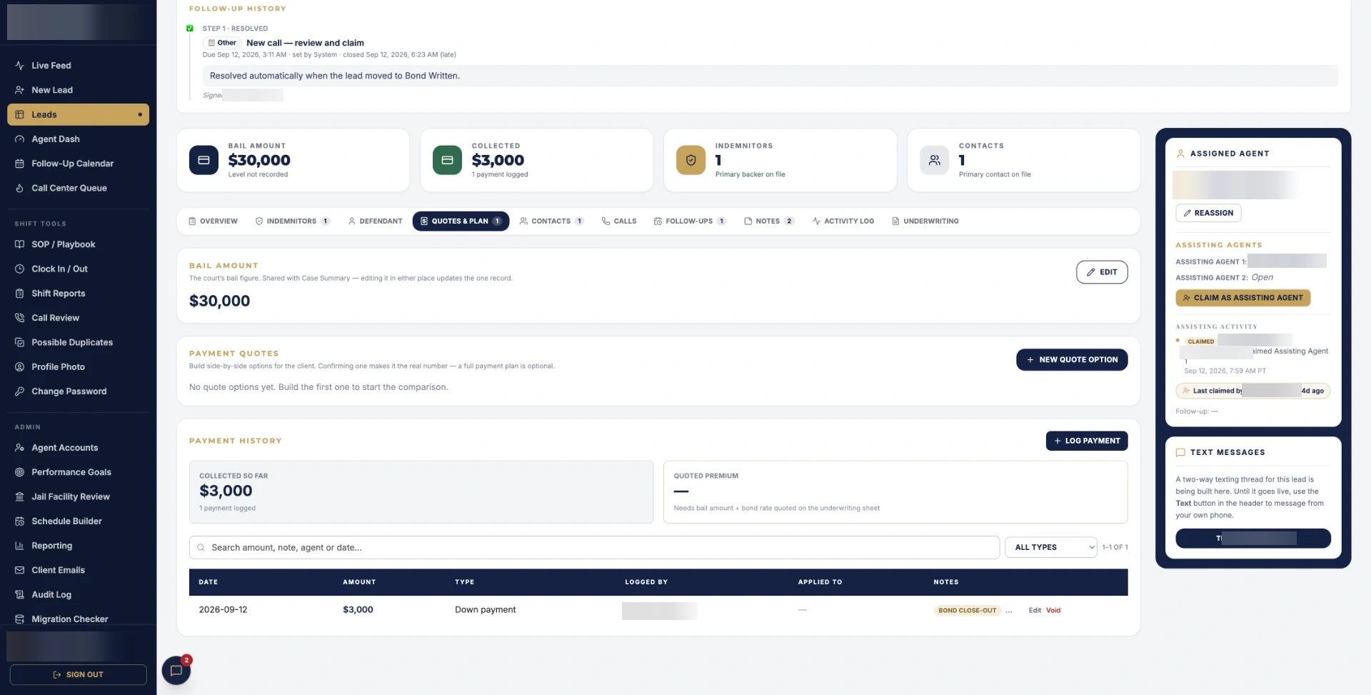 CRM payment history with dollar amounts visible and names, logos, and contact details blurred