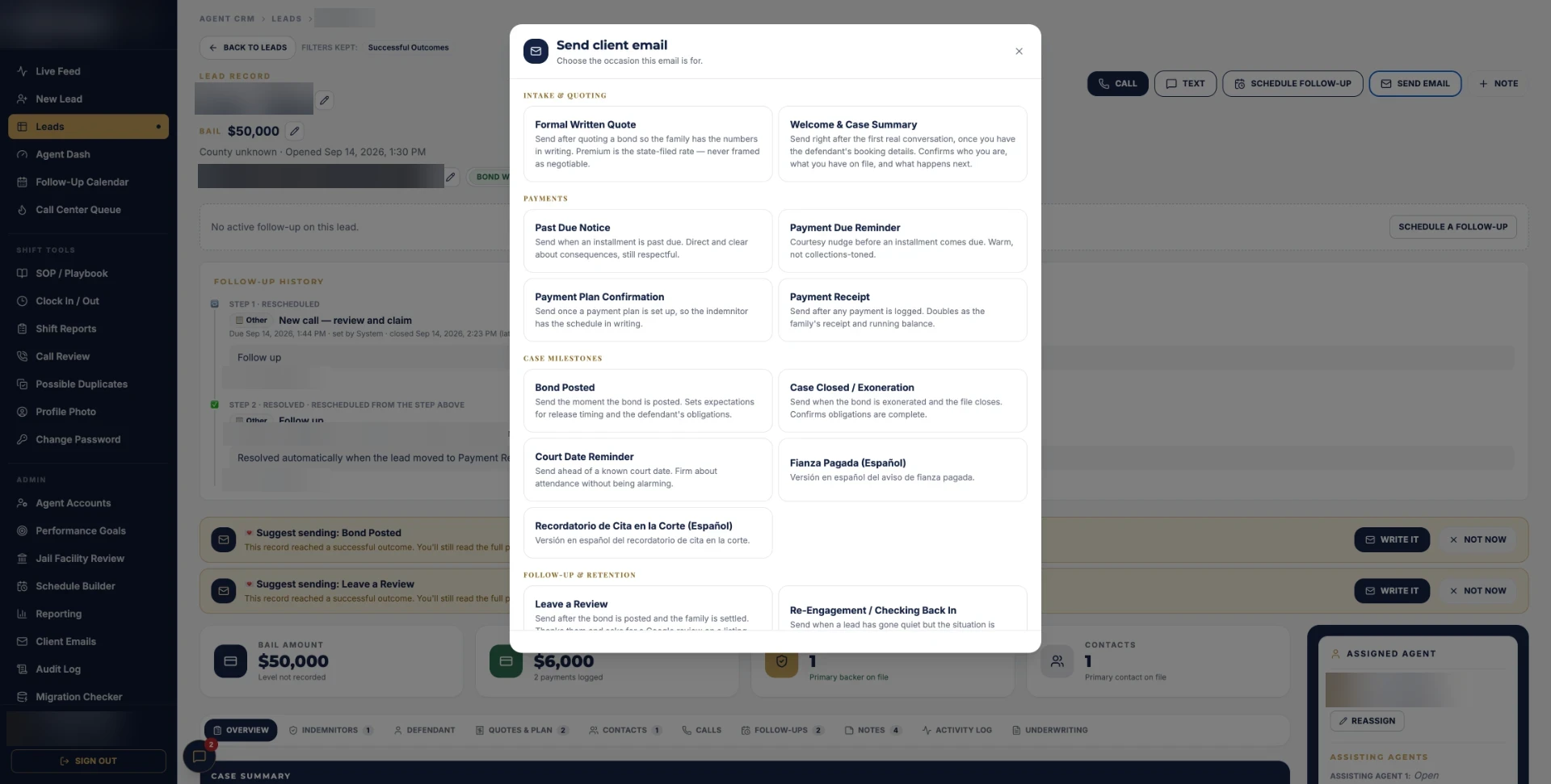CRM client email templates with personal names and logos blurred for privacy