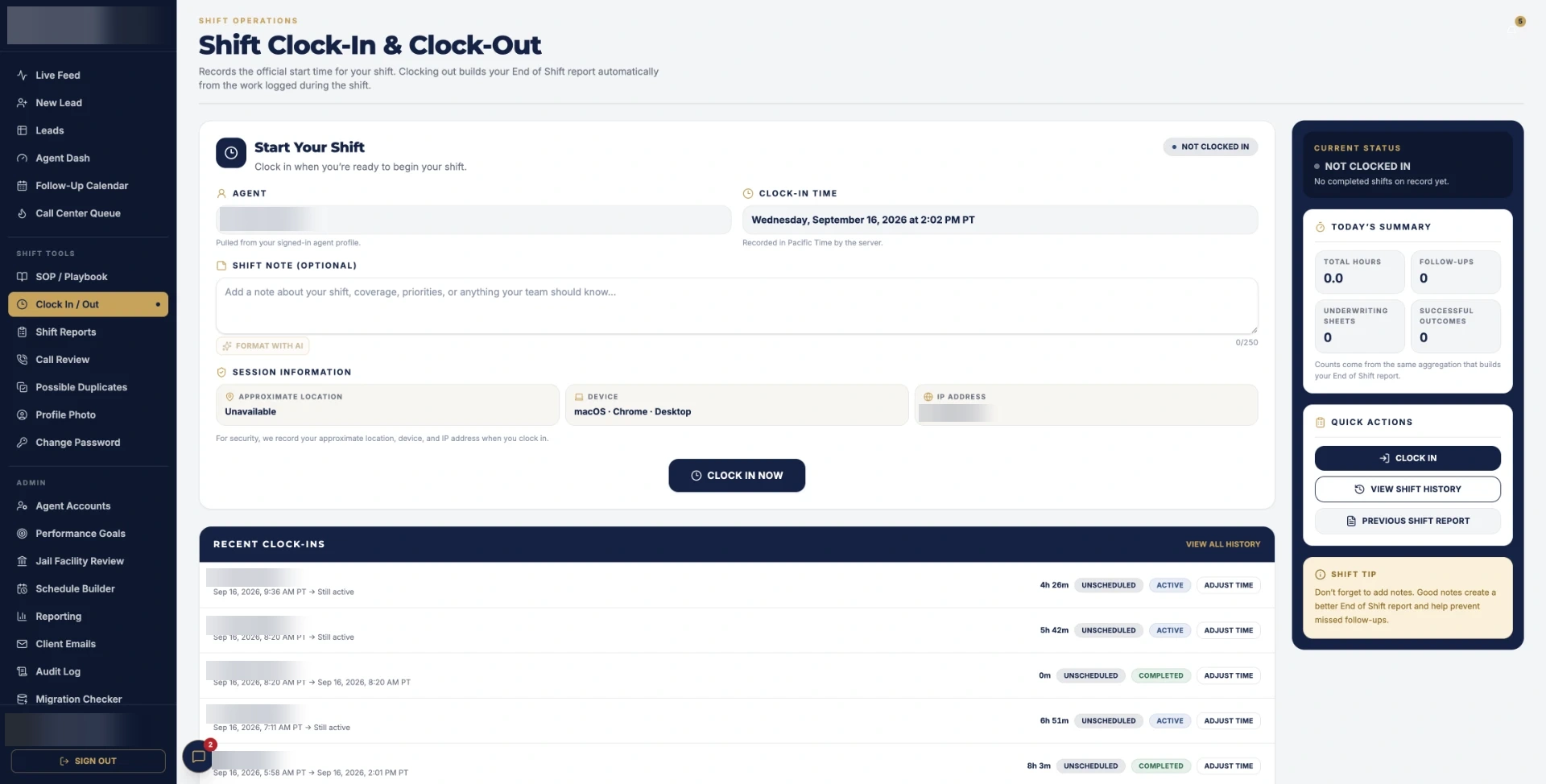 CRM shift clock-in and clock-out system with names, logo, and identifying details blurred