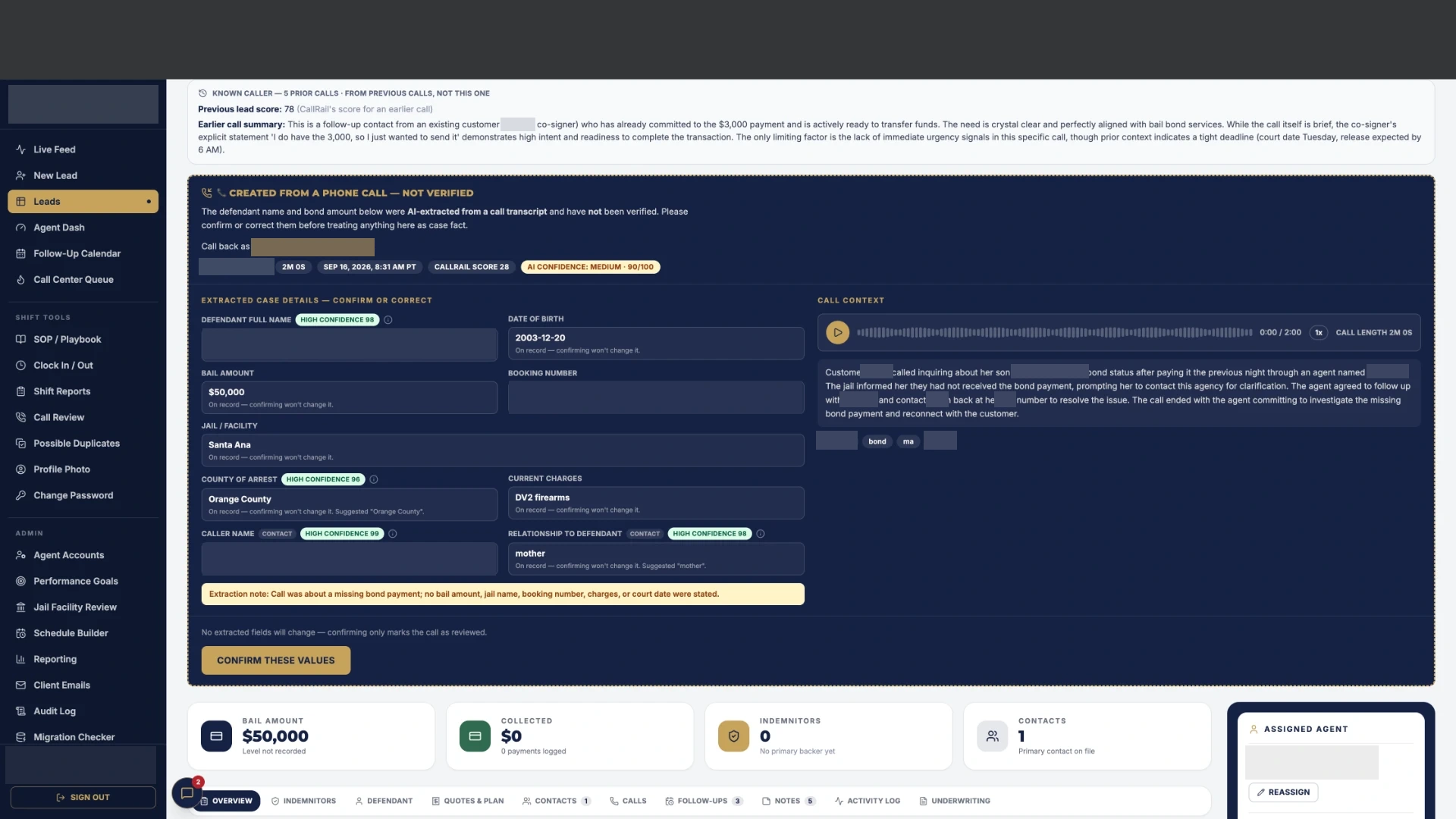 CallRail CRM integration showing call details with names, phone numbers, booking number, and branding redacted