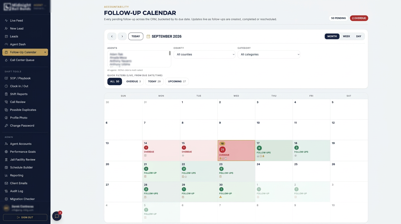 CRM follow-up calendar with agent names and branding blurred for privacy